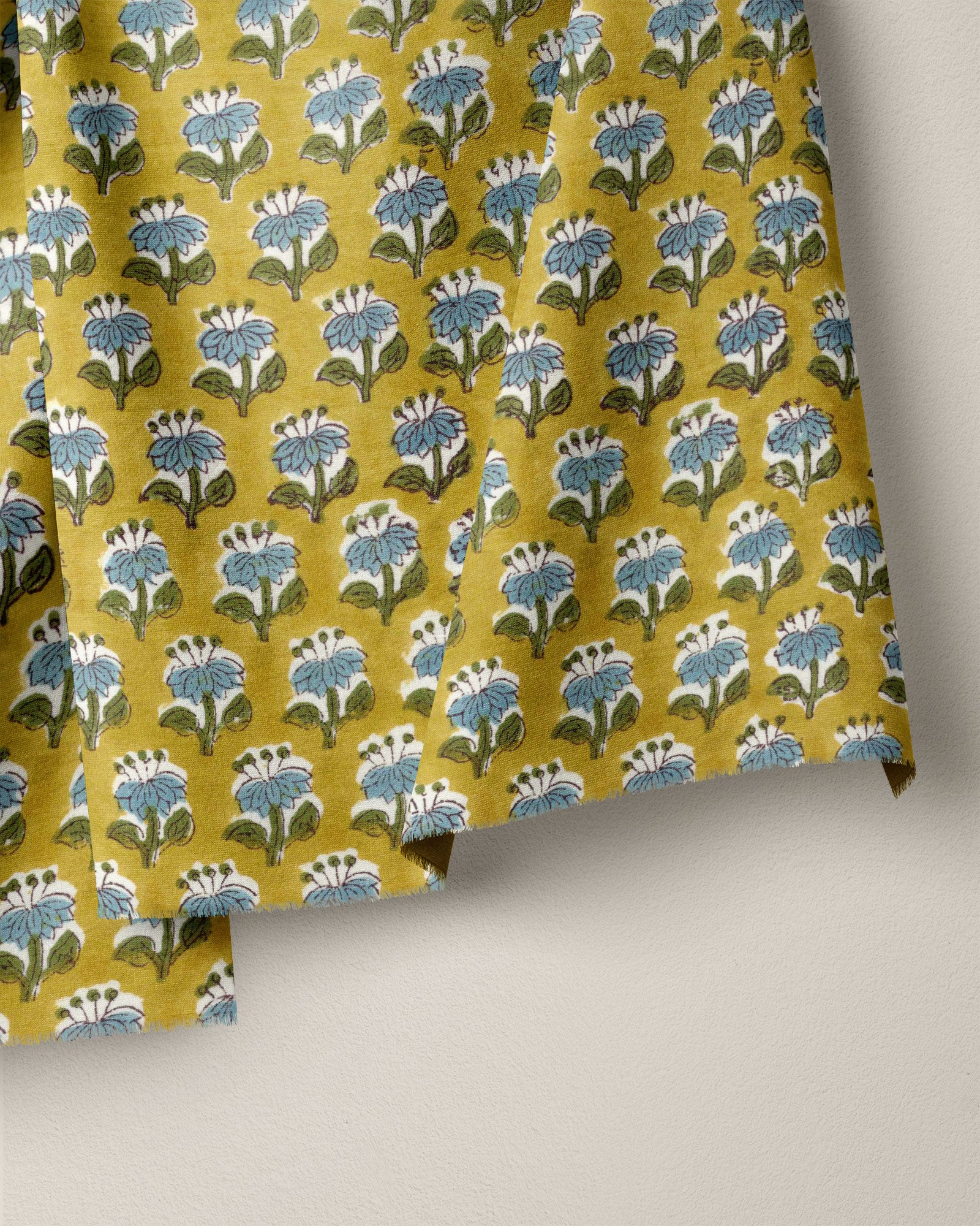 Blue and Mustard Bloom Block Print Cotton - Image 2