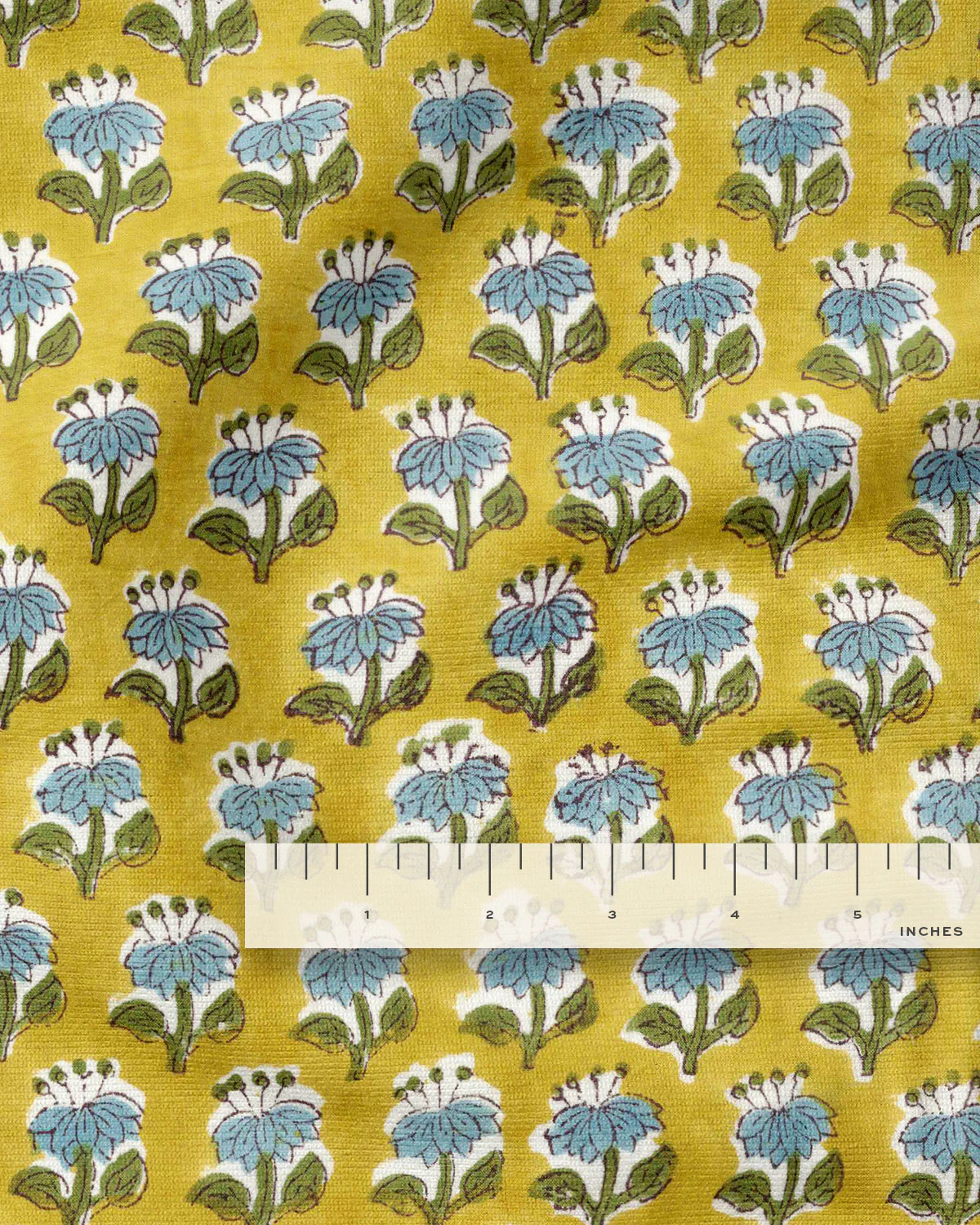 Blue and Mustard Bloom Block Print Cotton - Image 3
