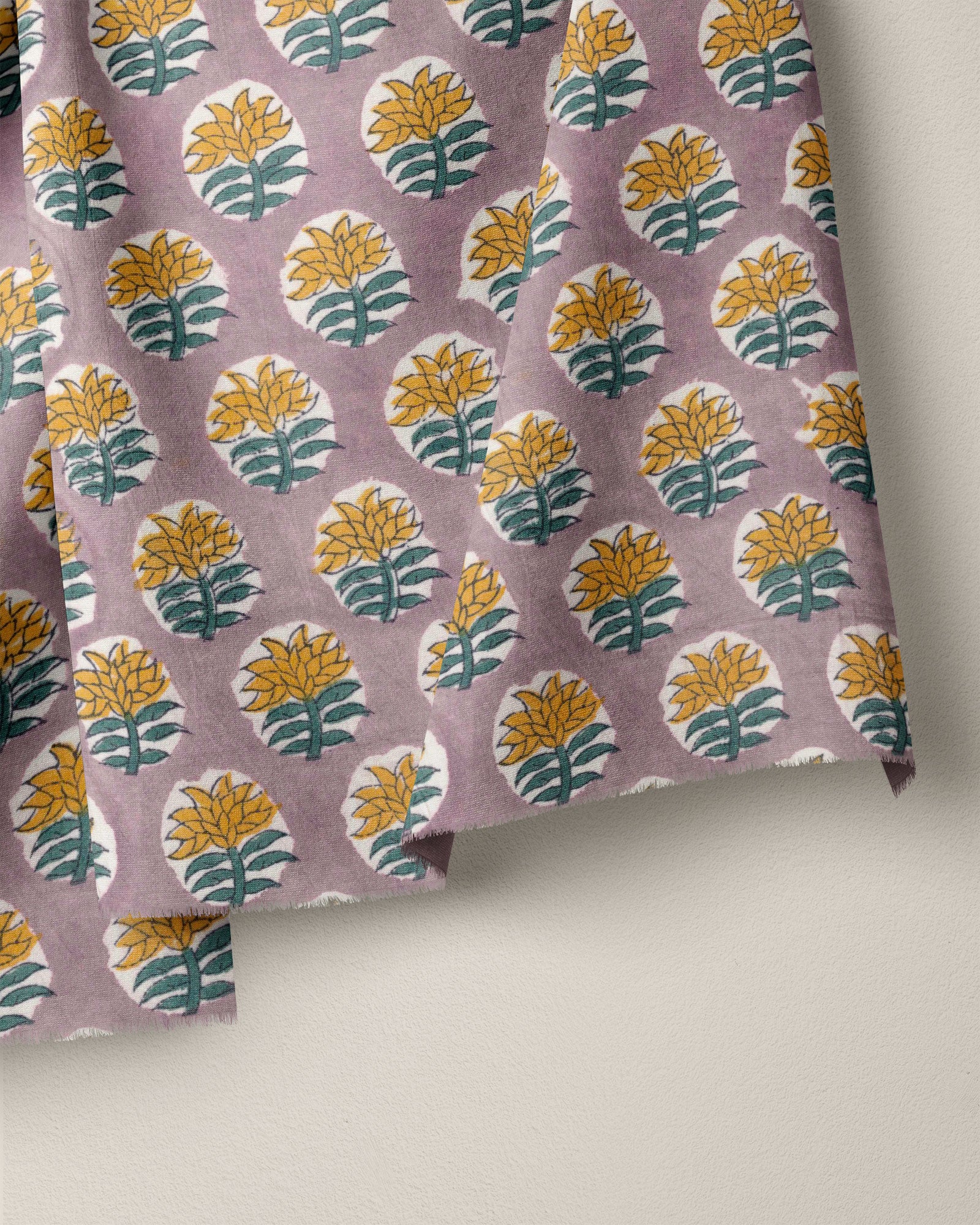 Lilac and Yellow Bloom Block Print Cotton - Image 2