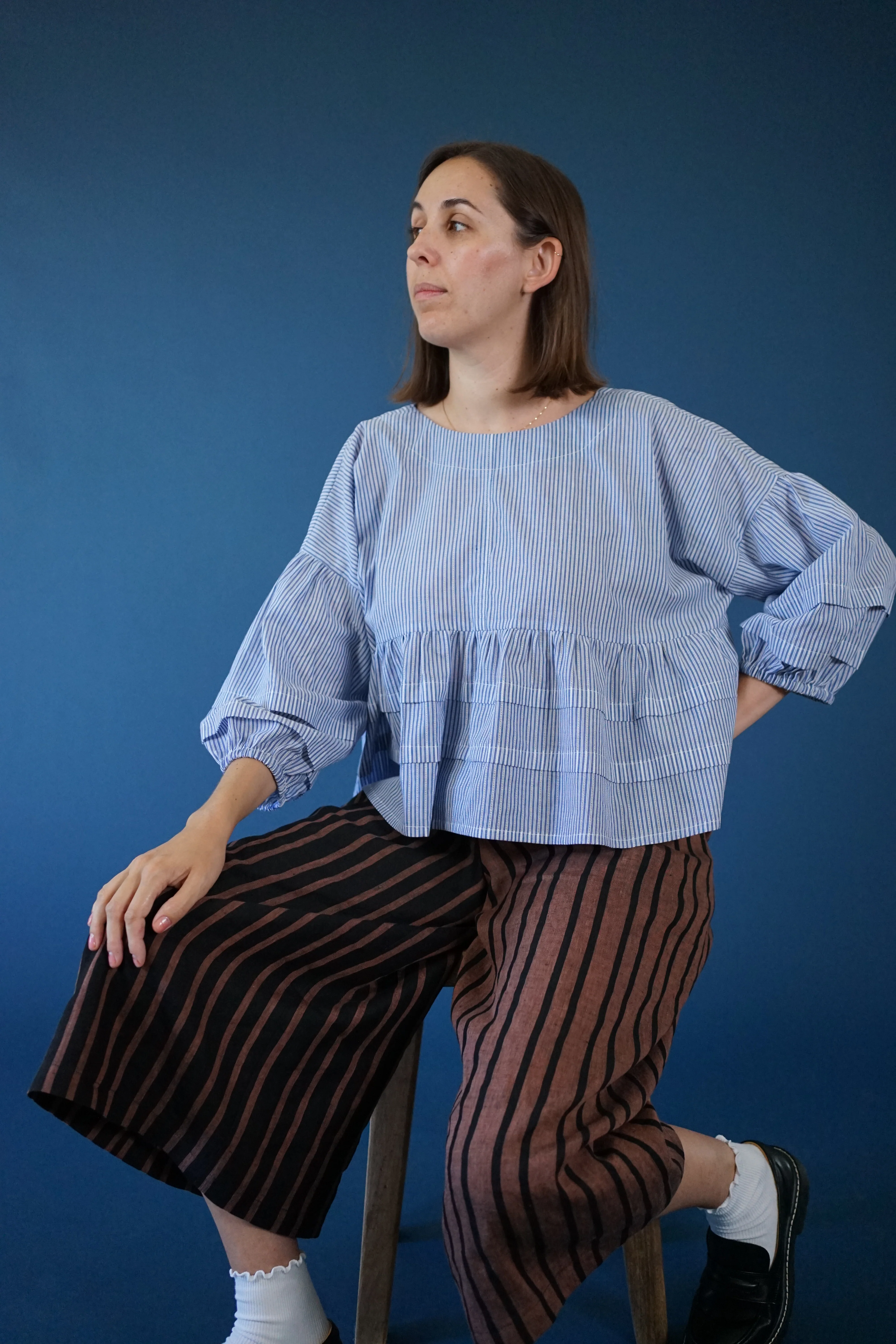 Classic Blue Wide Stripe Leno Weave Cotton Shirting - Image 4